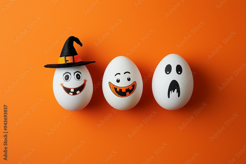 Creative Halloween Egg Characters Against Vibrant Orange Background