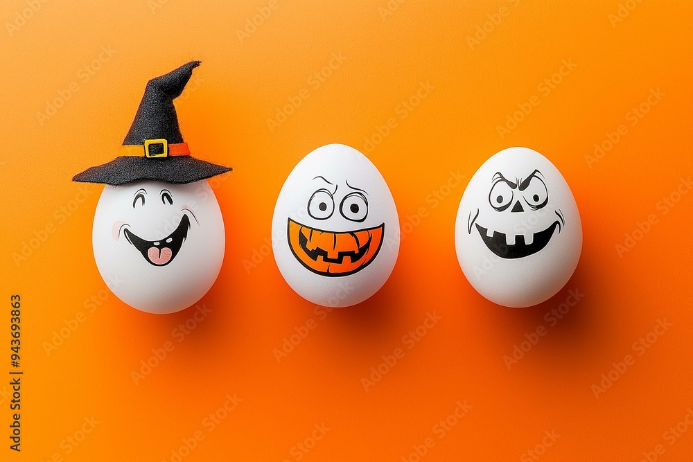Three Festive Halloween-themed Eggs with Expressive Faces on a Vivid Orange Background