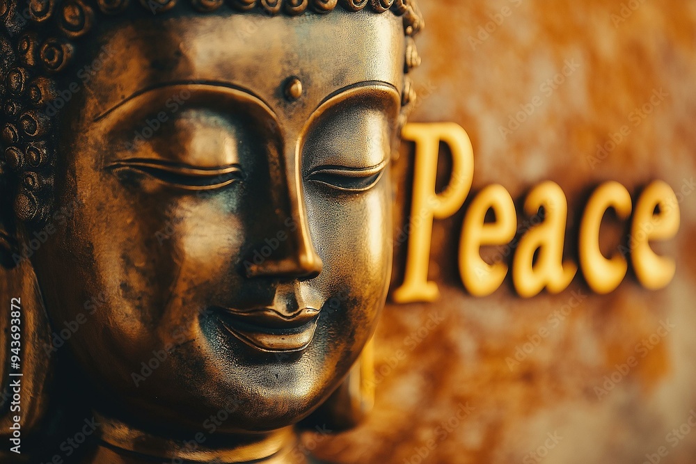 Serene Portrait of a Buddha Statue with the Word Peace
