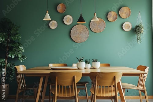 Obraz na płótnie Stylish and Modern Dining Area with a Green Wall and Wooden Furniture w salonie