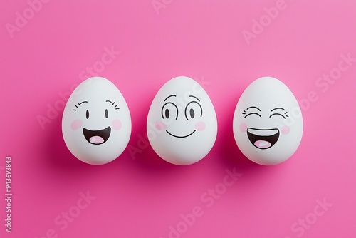 Obraz na płótnie Three Happy Eggs on a Pink Background w salonie