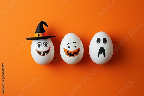 Obraz na płótnie Creative Halloween Egg Characters Against Vibrant Orange Background w salonie
