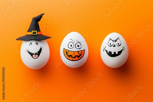 Obraz na płótnie Three Festive Halloween-themed Eggs with Expressive Faces on a Vivid Orange Background w salonie