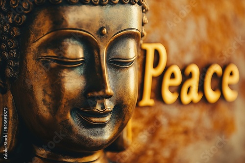 Obraz na płótnie Serene Portrait of a Buddha Statue with the Word Peace w salonie