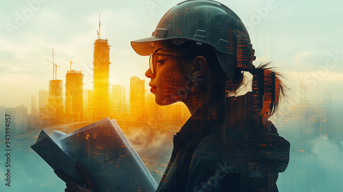 Double Exposure of a Construction Engineer Overlooking Urban Development