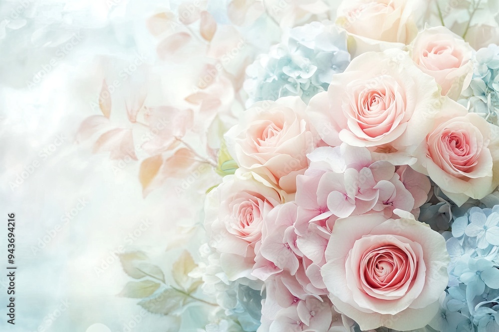 A stunning arrangement of soft pink roses and light hydrangeas, perfect for weddings, celebrations, or decorative purposes. A stunning arrangement of soft pink roses and light hydrangeas, perfect for weddings, celebrations, or decorative purposes.