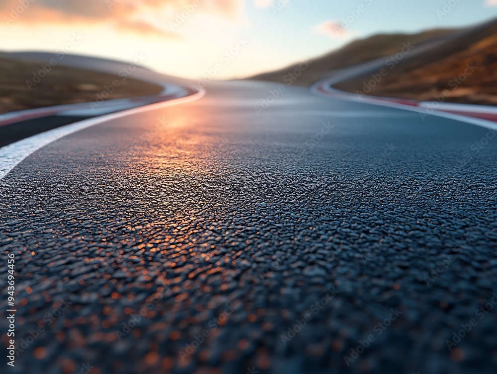 Road on a racetrack with a sharp incline leading to a blind crest, challenging drivers reflexes, Racetrack Road, Blind crest danger Road on a racetrack with a sharp incline leading to a blind crest, challenging drivers reflexes, Racetrack Road, Blind crest danger