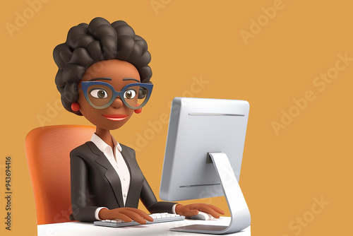 3d character cartoon, an American African businesswoman wearing suit, working with computer on her desk, isolated over brown background