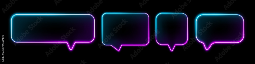 Speech bubble with neon effect, realistic box containers in shape of rectangle and square. Isolated fluorescent sparkling chat banners. Talking and interacting, dialog or speaking, message balloon Speech bubble with neon effect, realistic box containers in shape of rectangle and square. Isolated fluorescent sparkling chat banners. Talking and interacting, dialog or speaking, message balloon