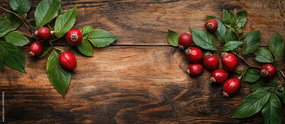 Ripe rose hip berries alongside green leaves on a wooden table arranged in a flat lay Room for text. with copy space image. Place for adding text or design Ripe rose hip berries alongside green leaves on a wooden table arranged in a flat lay Room for text. with copy space image. Place for adding text or design
