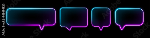 Speech bubble with neon effect, realistic box containers in shape of rectangle and square. Isolated fluorescent sparkling chat banners. Talking and interacting, dialog or speaking, message balloon