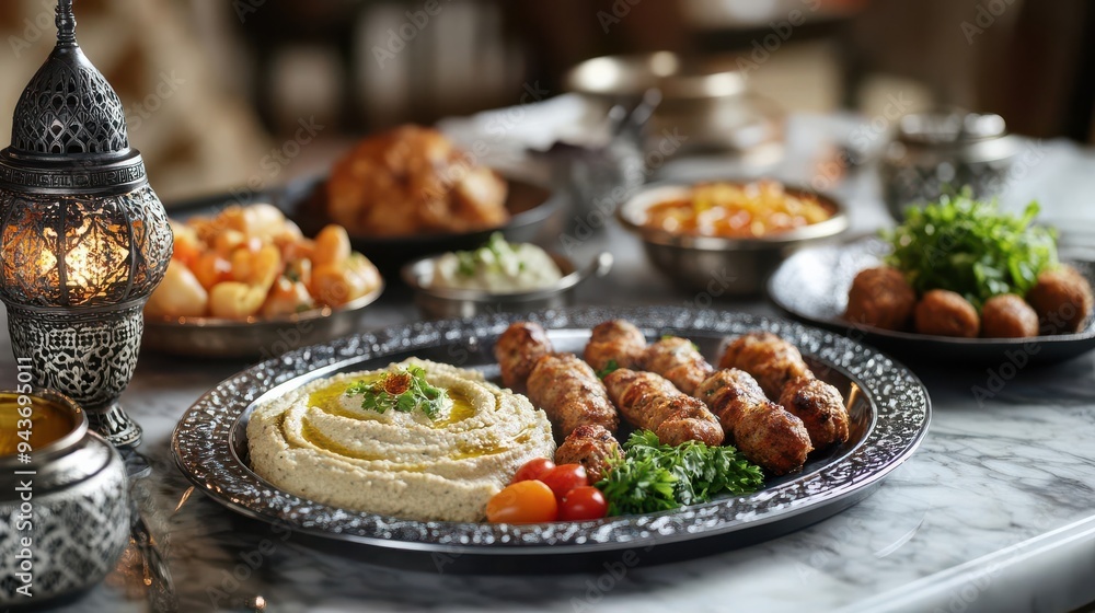 A table full of Arabic food assortment with a variety of dishes including meat, vegetables, and dips A table full of Arabic food assortment with a variety of dishes including meat, vegetables, and dips