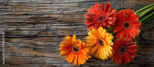 Gerber flowers on a wooden background with copyspace