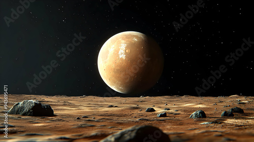 A large, rocky planet hangs...