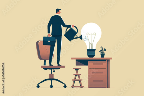 illustration of a businessman standing on a large chair while lighting a light bulb, as a symbol of glory, knowledge, ideas and success