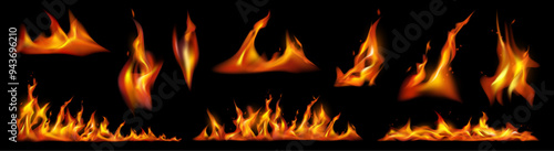 Flaming hot fire, burning or heating firing lines in realistic design. Bonfire or campfire backgrounds, orange fiery objects, glowing flare flaming explosions on black background
