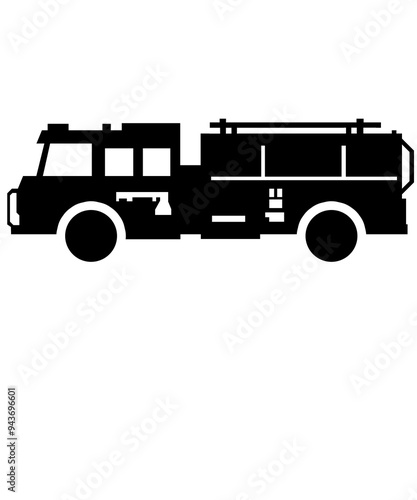 black icon silhouette of a firefighting, fire truck isolated on white