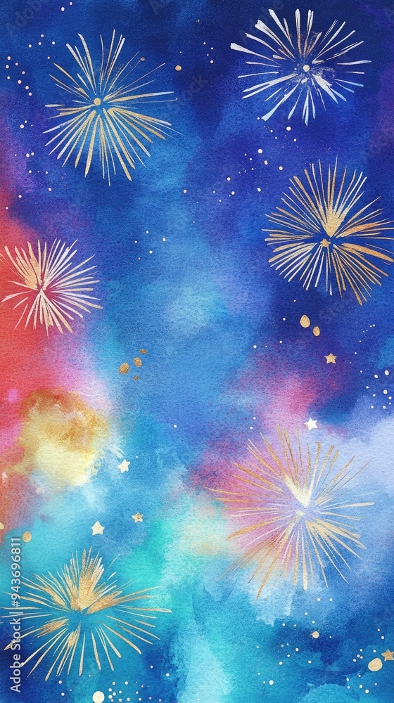 Naklejka premium Vibrant watercolor background featuring abstract fireworks in blue, pink, and gold tones, perfect for celebrations and festive themes.