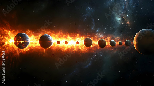 A line of planets in space,...