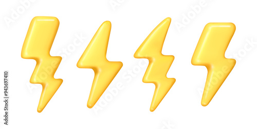 Electric discharge, yellow powerful thunderbolt, natural force. Vector isolated set of 3d bolts icons for game design or UI. Forceful voltage, electricity sign, storm or bad weather symbol