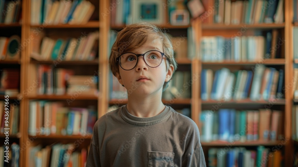 A young boy wearing glasses stands in front of a library full of books A young boy wearing glasses stands in front of a library full of books