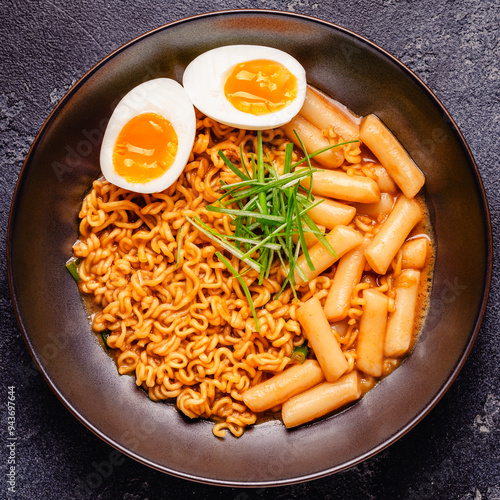 Spicy Rapokki - Korean tteokbokki rice cake and ramen noodle. photo