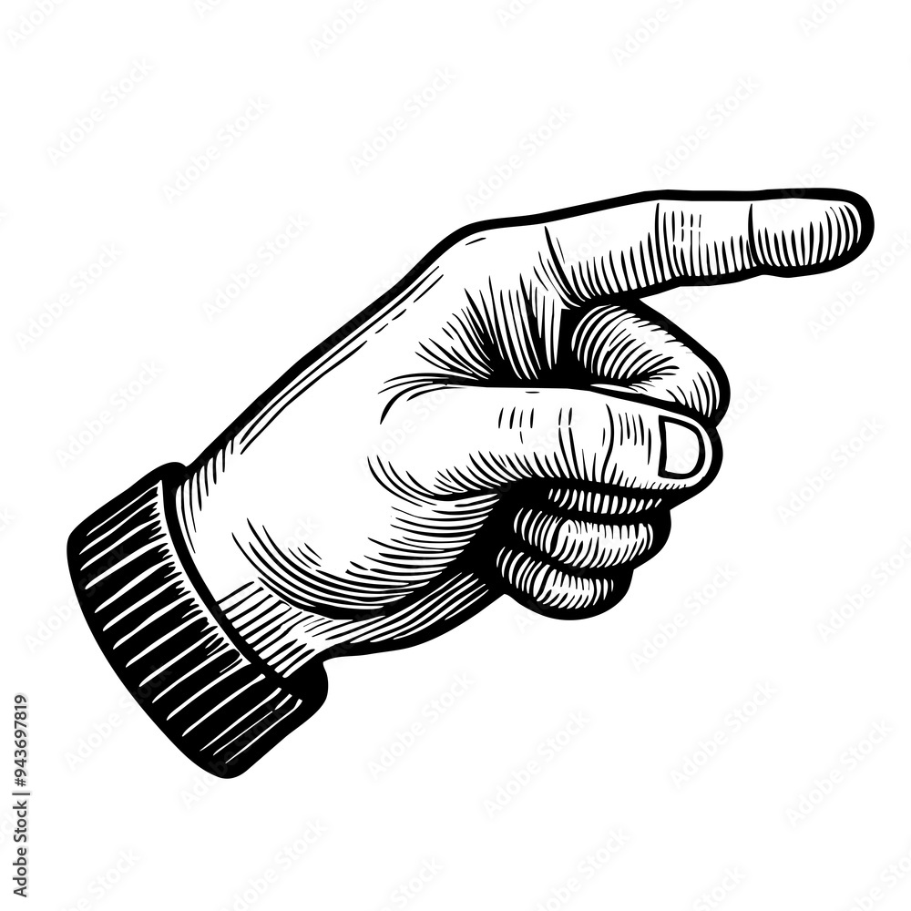black detailed illustration drawing of a hand with pointing finger ...