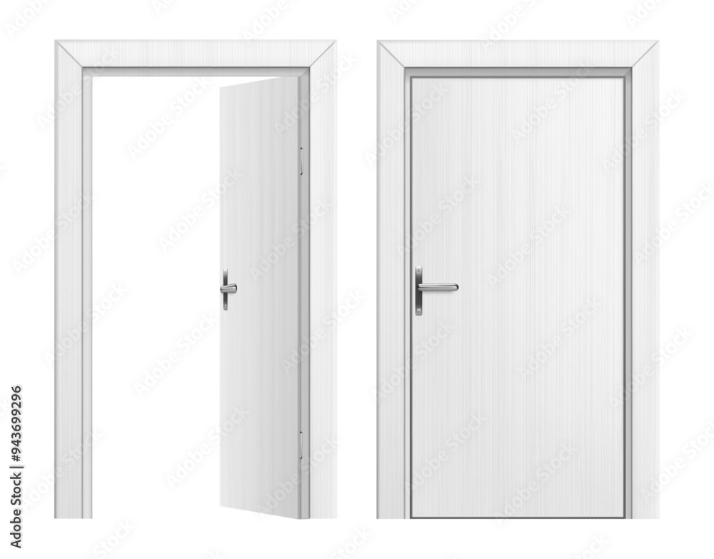 Close and open door, isolated set of interior design for home, apartment or house. Vector simple wooden doors design with handle and frame, modern minimalistic entrance to room or dwelling Close and open door, isolated set of interior design for home, apartment or house. Vector simple wooden doors design with handle and frame, modern minimalistic entrance to room or dwelling