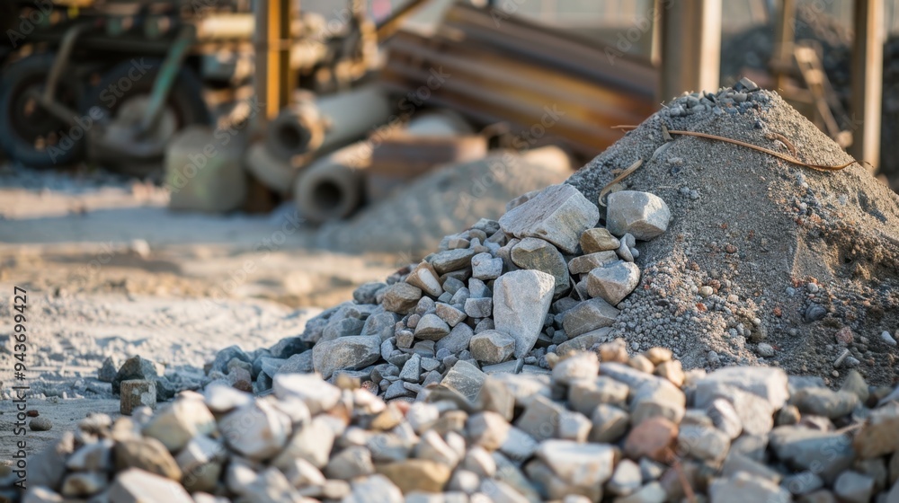 Detailed image of construction materials like sand, gravel, and cement stored on a site Detailed image of construction materials like sand, gravel, and cement stored on a site
