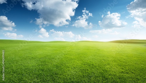 green grass field and blue sky with clouds