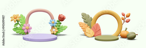 Set of cute 3D arches in plasticine style. Decorative arcs with plant elements