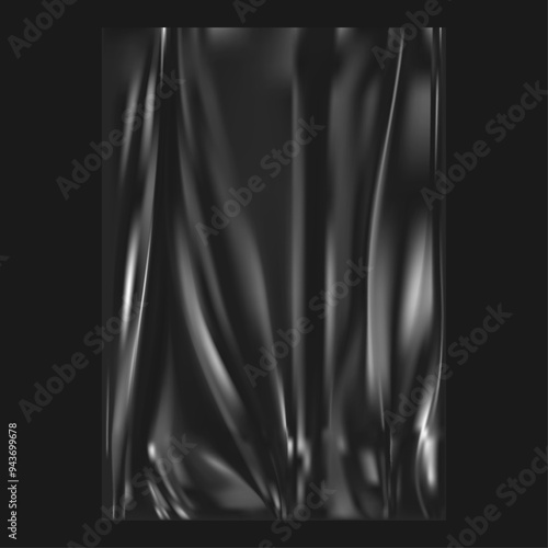 Crumpled and creased plastic texture for poster, banner with copy space. Vector realistic textured background. Transparent black wrapping, wrap surface with polythene. Grunge or retro design