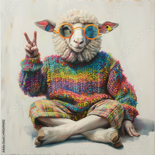 A quirky sheep wearing sunglasses and a colorful sweater sits on the floor, holding up its hand in a playful victory sign, exuding cool and fun vibes photo