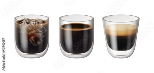 Espresso and ice coffee drink glass realistic isolated glass cups on white background. Cold frozen coffee with ice, refreshing aromatic energy drink. Delicious iced americano with foam