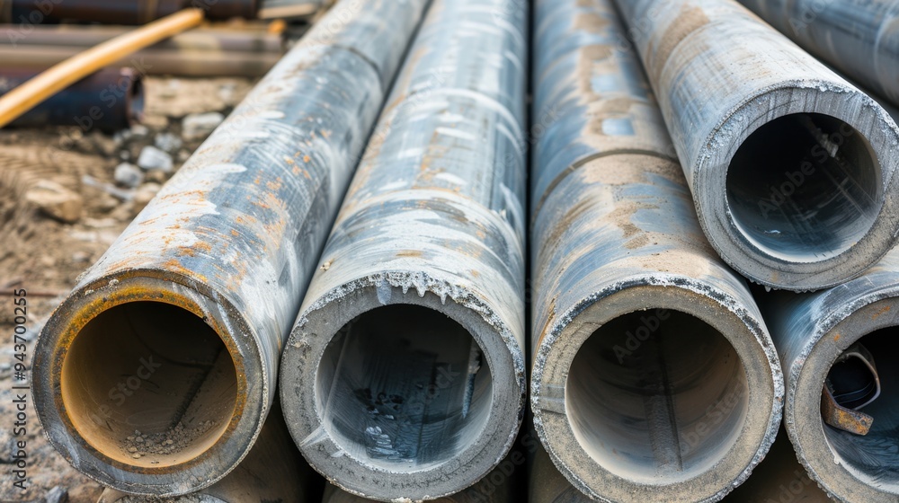 Detailed shot of concrete pipes stacked at a construction site, ready for installation in infrastructure projects Detailed shot of concrete pipes stacked at a construction site, ready for installation in infrastructure projects