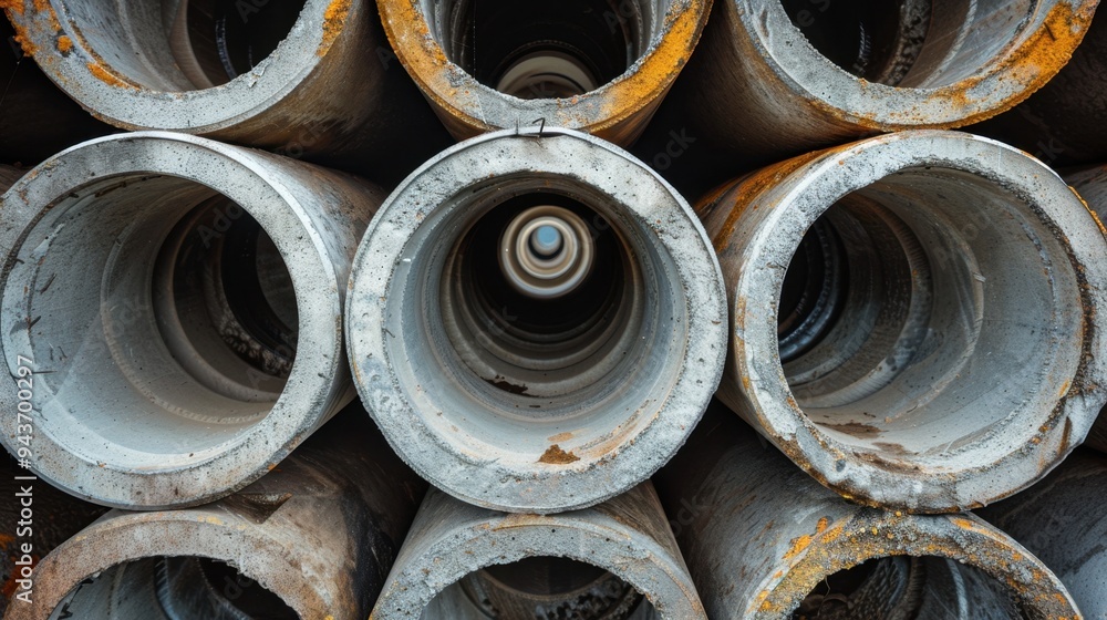 Detailed shot of concrete pipes stacked at a construction site, ready for installation in infrastructure projects Detailed shot of concrete pipes stacked at a construction site, ready for installation in infrastructure projects