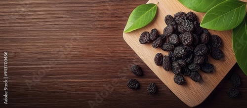 Raisins on a wooden board w...