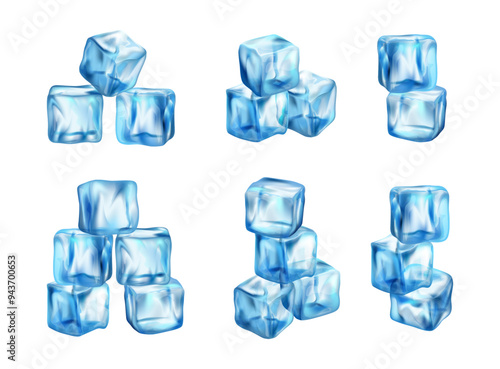Ice cubes of cold water in 3D realistic design. Vector illustration of frosty cubes, clean frozen blocks of fresh transparent aqua. Cold ice for alcohol cocktails, coffee and juice refreshing drinks