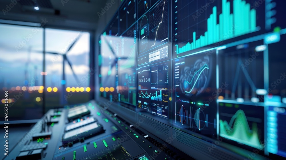 Detailed view of a modern wind turbine control room with screens displaying real-time data on energy production Detailed view of a modern wind turbine control room with screens displaying real-time data on energy production