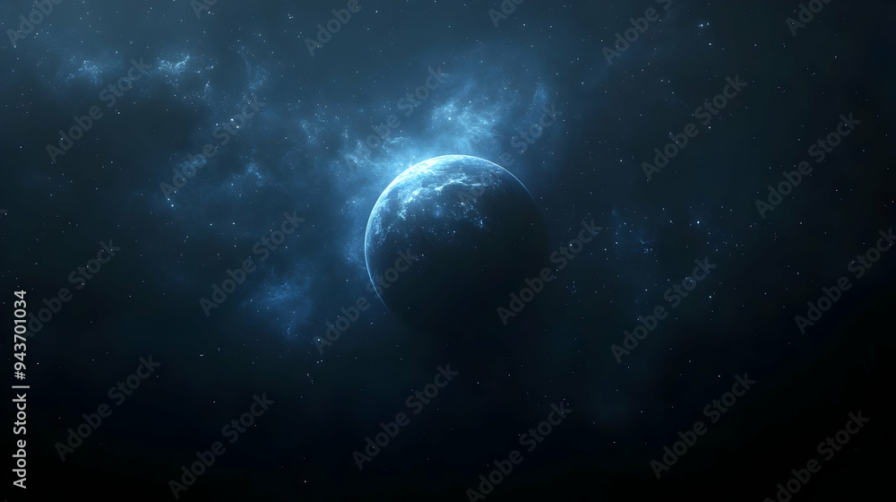A lone planet in a dark space with blue light shining through the clouds. A lone planet in a dark space with blue light shining through the clouds.