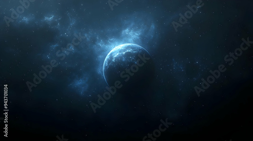 A lone planet in a dark space with blue light shining through the clouds.