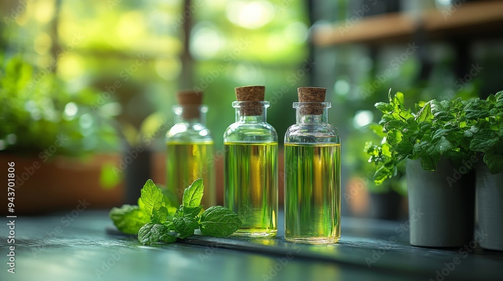 Three glass bottles filled with biodegradable cleaner are placed near fresh mint leaves in a bright, natural environment. Three glass bottles filled with biodegradable cleaner are placed near fresh mint leaves in a bright, natural environment.