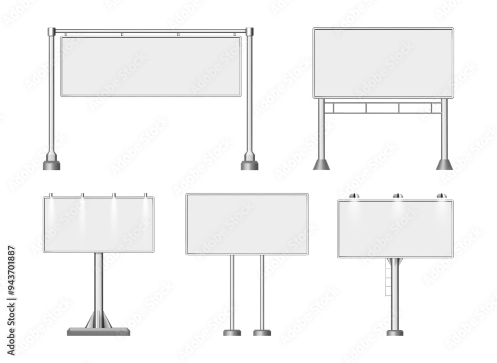 Billboard blank. Vector isolated realistic empty signboards mockup. City outdoor banner large format for advertise media with backlight. Open air advertising poster template. Empty board for ad Billboard blank. Vector isolated realistic empty signboards mockup. City outdoor banner large format for advertise media with backlight. Open air advertising poster template. Empty board for ad