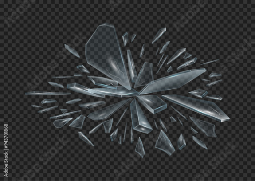 Broken glass pieces splash realistic design. Vector abstract shattered transparent fragments of crushed blowing up glass, explosion 3D effect with shiny pieces on transparent background
