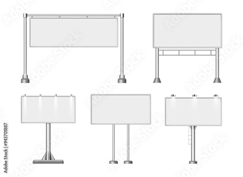 Billboard blank. Vector isolated realistic empty signboards mockup. City outdoor banner large format for advertise media with backlight. Open air advertising poster template. Empty board for ad