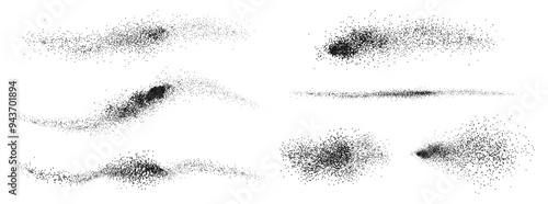 Stippled brush strokes, grainy dotted brush paint. Vector isolated set of simple lines with noise or distortion effect. Splattered dotted overlay, grunge and retro styles, sprinkle spray texture