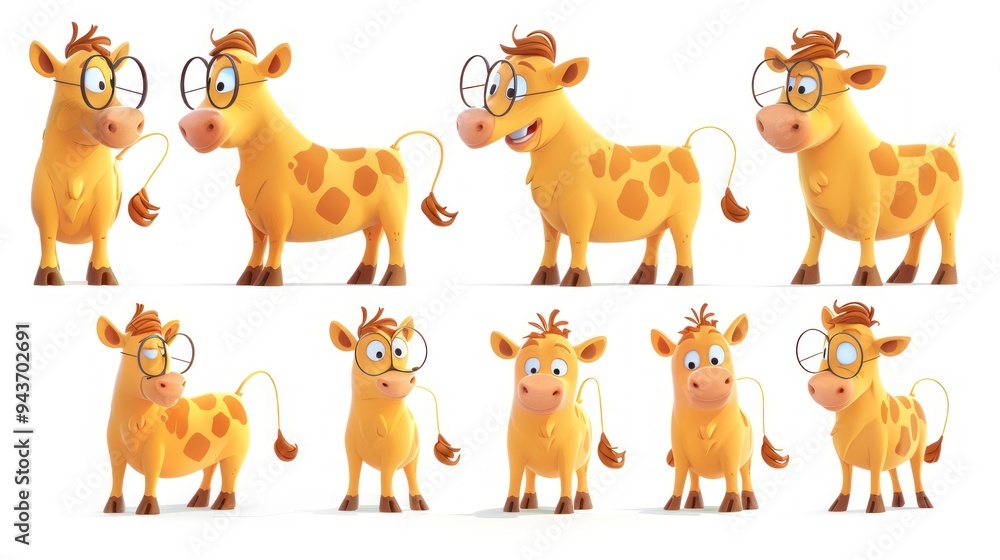 A cartoon cow character with glasses showing various expressions and poses. A cartoon cow character with glasses showing various expressions and poses.