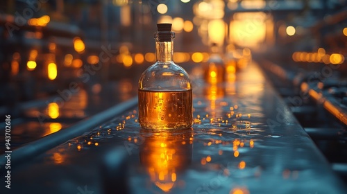 A glass bottle filled with golden liquid rests on a reflective surface amid equipment, illuminated by warm sunset light. photo