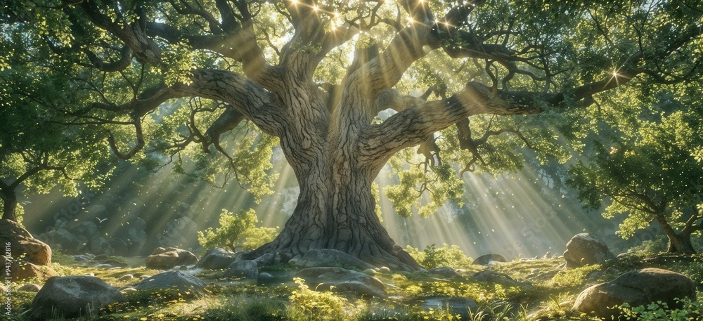 The bright sun is shining beautifully through the branches of a tall oak tree The bright sun is shining beautifully through the branches of a tall oak tree