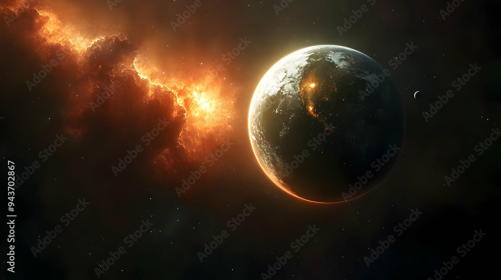 Fototapeta premium A lone planet in the vastness of space, bathed in the glow of a distant supernova.